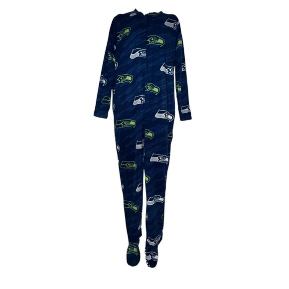 NFL Team Apparel Seattle Seahawks Pajamas Mens L Unionsuit PJs Footies Blue - Picture 1 of 10